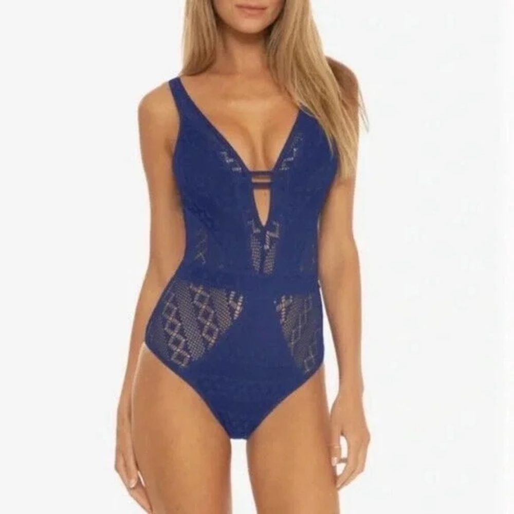 Becca by Rebecca Virtue Core Color Play Show & Tell navy blue crochet swimsuit